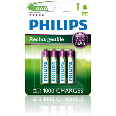 PHILIPS R03B4A70/10 BLISTER 4 BATTERIE RICARICABILI MINI STILO AAA NI-MH 700Mah 1.2V